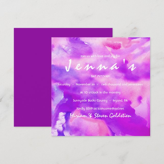 I'M VIOLET WATERCOLOR  Bat Mitzvah Invitation (Front/Back)