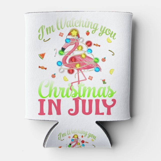 I'm Watching You Santa Christmas In July Flamingo. Can Cooler (Front)