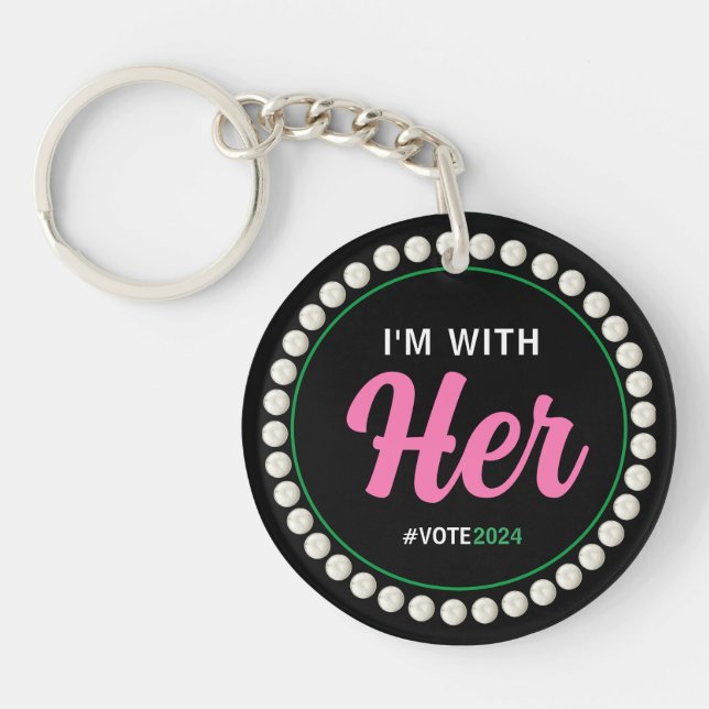 I'M WITH HER 2024 Pearls & Clover (Pink Green) Key Ring (Front)