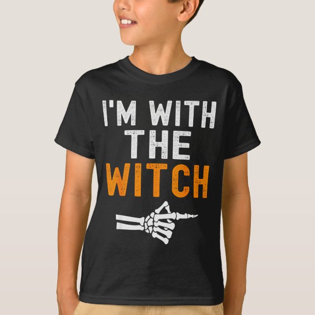 I'm With The Witch Funny Skeleton Halloween Matchi T-Shirt (Front)
