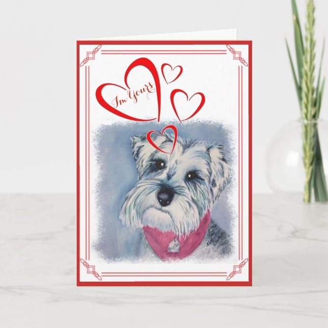 I'M YOURS VALENTINE SILVER SWEET SCHNAUZER HOLIDAY CARD (Front)