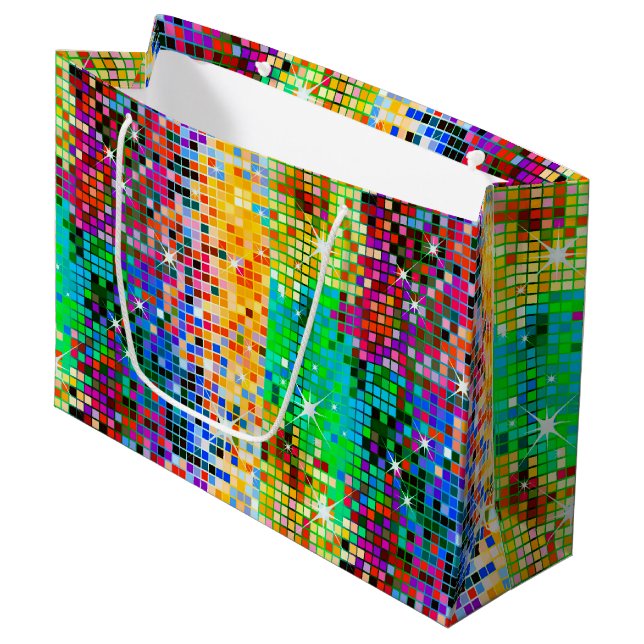 Image of a colourful disco glitter pattern large gift bag (Front Angled)