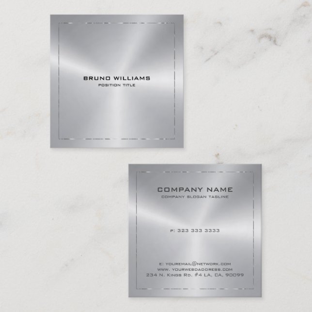 Image of a metallic silver shine border square business card (Front/Back)