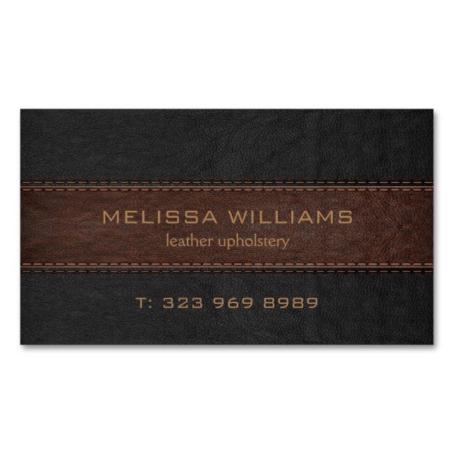 Image of black and brown stitched leather 	Magnetic business card (Front)