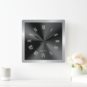 Image of Black & Silver & Metallic Stainless Steel Square Wall Clock