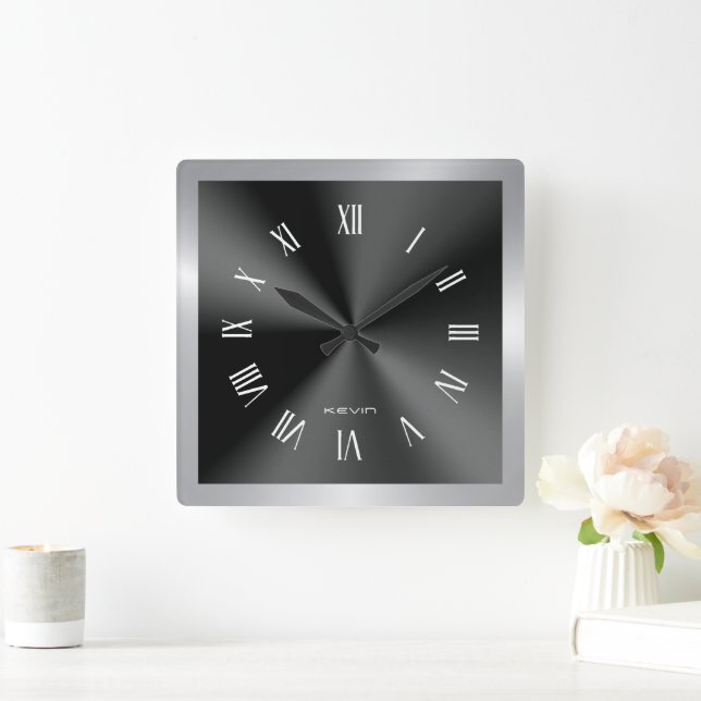 Image of Black & Silver & Metallic Stainless Steel Square Wall Clock (Home)