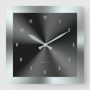 Image of Black & Silver & Metallic Stainless Steel Square Wall Clock