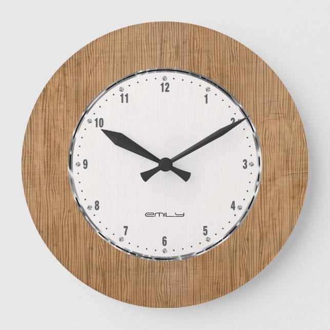 Image of brown wood texture monogrammed large clock (Front)
