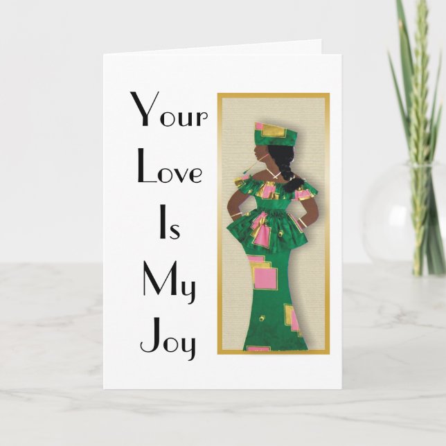 Image of female in green,pink,gold attire on card (Front)