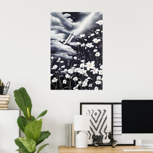 Image of flowers and a rocket in the sky poster