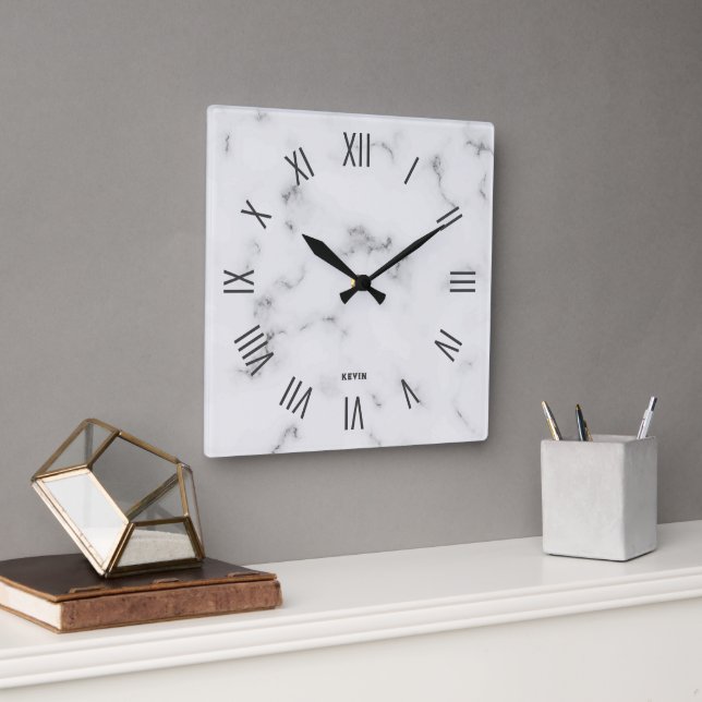 Image of Grey Marble marble Roman numerals Square Wall Clock (Office)