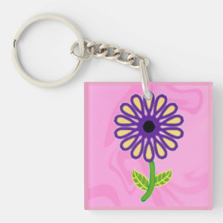 Image of Purple Yellow Green Stem Flower on Pink Key Ring