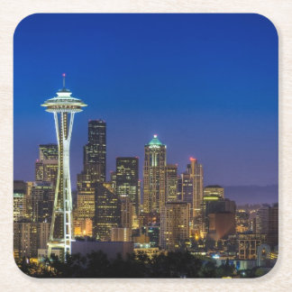 Image of Seattle Skyline in morning hours. Square Paper Coaster