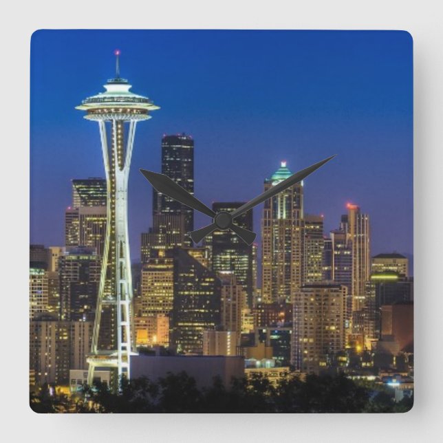 Image of Seattle Skyline in morning hours. Square Wall Clock (Front)