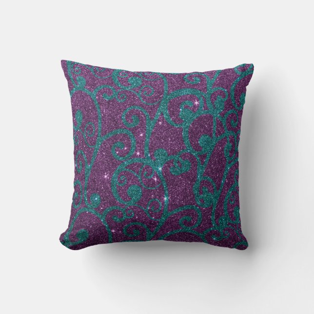 Image of swirly purple and turquoise glitter cushion (Front)