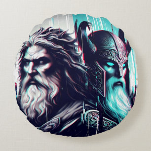 image of the gods zeus and odin togethe round cushion