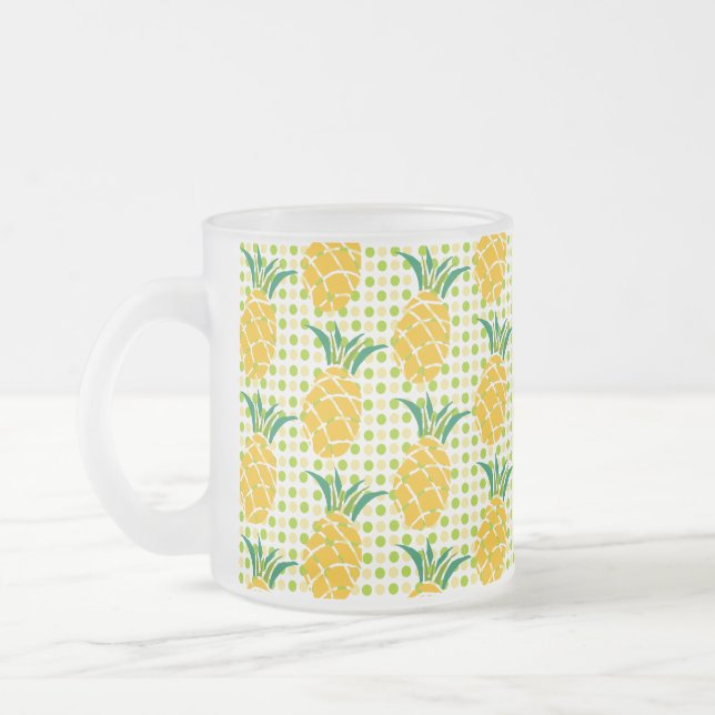 Image of Yellow and Green Pineapple on Dots Frosted Glass Coffee Mug (Left)