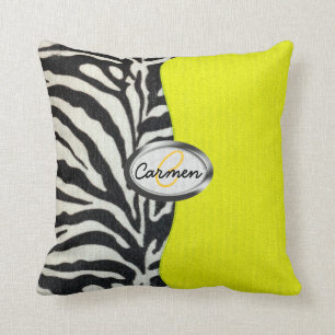 Image of zebra print and neon yellow monogram cushion