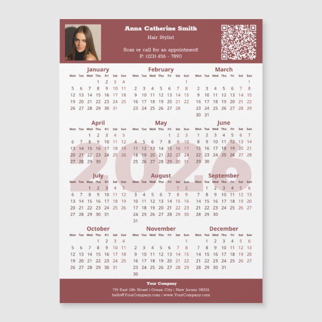 Image QR-code Burgundy White 2026 Calendar Magnet (Front)