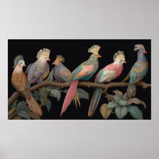 Imaginary crested birds with fancy plumage poster