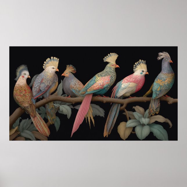 Imaginary crested birds with fancy plumage poster (Front)