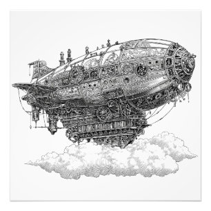 Imaginative Black White Floating City Airship Photo Print