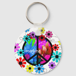 Imagine Peace Symbol and Retro Flowers Key Ring