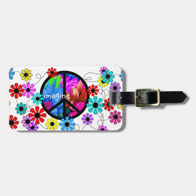 Imagine Peace Symbol and Retro Flowers Luggage Tag (Front Horizontal)