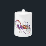 "Imagine" teapot<br><div class="desc">Inspire the love in your life with this inspirational text design. This inspirational teapot design features the words IMAGINE in colourful text surrounded by decorative swirls. Makes a great housewarming gift.</div>