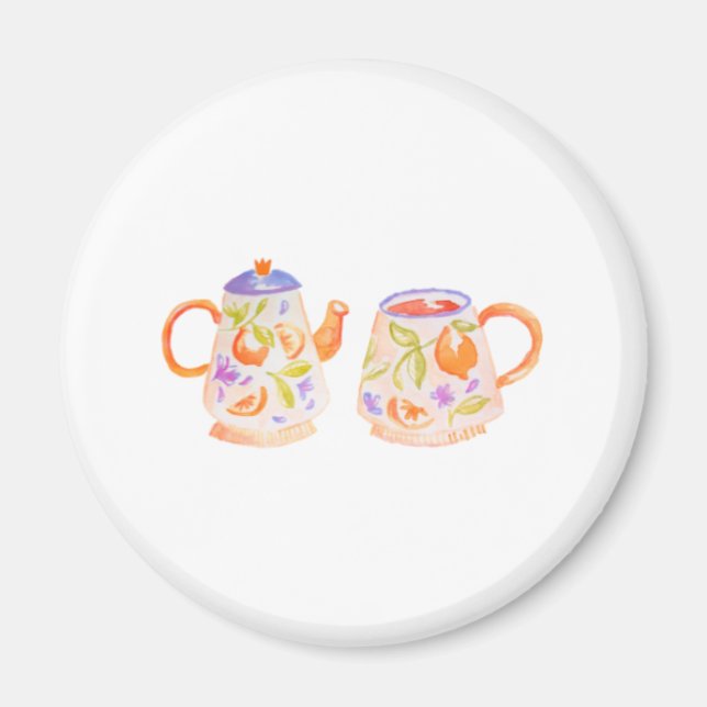 Iman with cups, cute orange floral set magnet (Front)