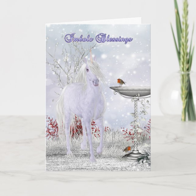 Imbolc Blessings Greeting Card With Unicorn (Front)