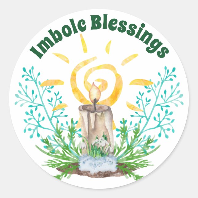 Imbolc Candle Spiral Sun & Snowdrops Holiday Classic Round Sticker (Front)