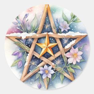 Imbolc Floral Snowy Pentacle Wiccan Holiday Classic Round Sticker