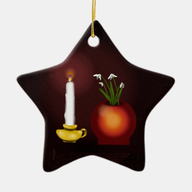 Imbolc Imbolg Candle and Snowdrops Brid Brighid Ceramic Tree Decoration (Front)