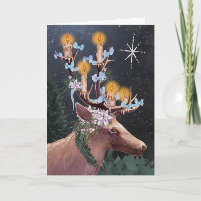 Imbolc Stag Wicca Starry Candlelight Holiday Card (Front)
