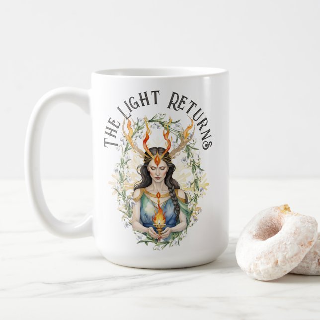 Imbolc Wiccan Goddess Flame & Snowdrop Flowers Coffee Mug (With Donut)