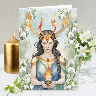 Imbolc Wiccan Goddess Flame & Snowdrop Flowers Holiday Card
