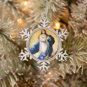 Immaculate Conception Gold  Snowflake Pewter Christmas Ornament