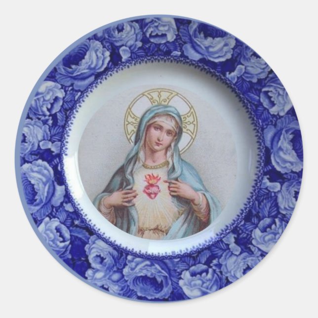 Immaculate Heart of Virgin Mary Blue Roses Classic Round Sticker (Front)