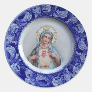 Immaculate Heart of Virgin Mary Blue Roses Classic Round Sticker