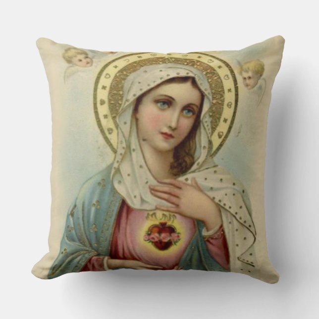 Immaculate Heart Virgin Mary Angels Clouds Cushion (Front)