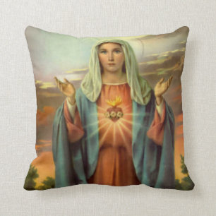 Immaculate Heart Virgin Mary Flame Roses Cushion