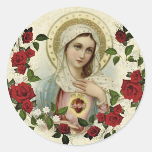 Immaculate Heart Virgin Mary Red Roses Classic Round Sticker