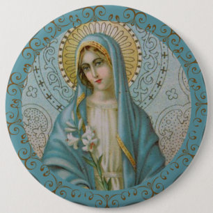 Immaculate Virgin Mary with lily Gold Decor border 6 Cm Round Badge