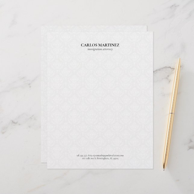 Immigration Attorney White Damasks Black Text Custom Letterhead (Front/Back In Situ)