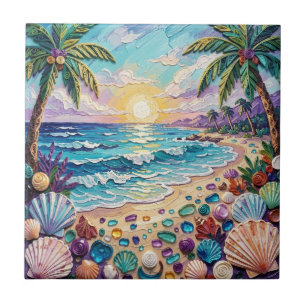 Impasto Beach and Sea Glass Sunset and Palm Trees Tile