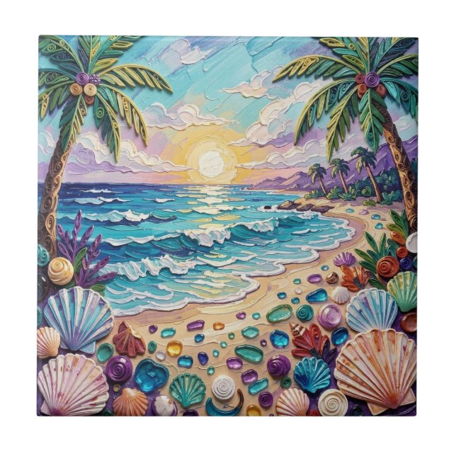 Impasto Beach and Sea Glass Sunset and Palm Trees Tile (Front)