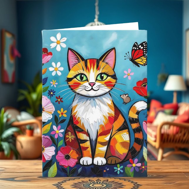 Impasto Cat, Flowers & Butterfly Birthday Card (Creator Uploaded)
