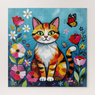 Impasto Cat, Flowers & Butterfly Birthday Jigsaw Puzzle