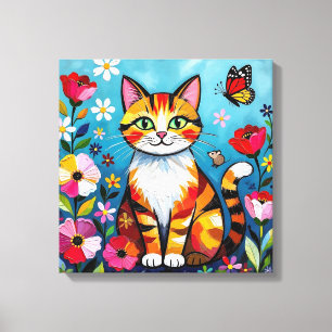Impasto Cat, Flowers & Butterfly Canvas Print